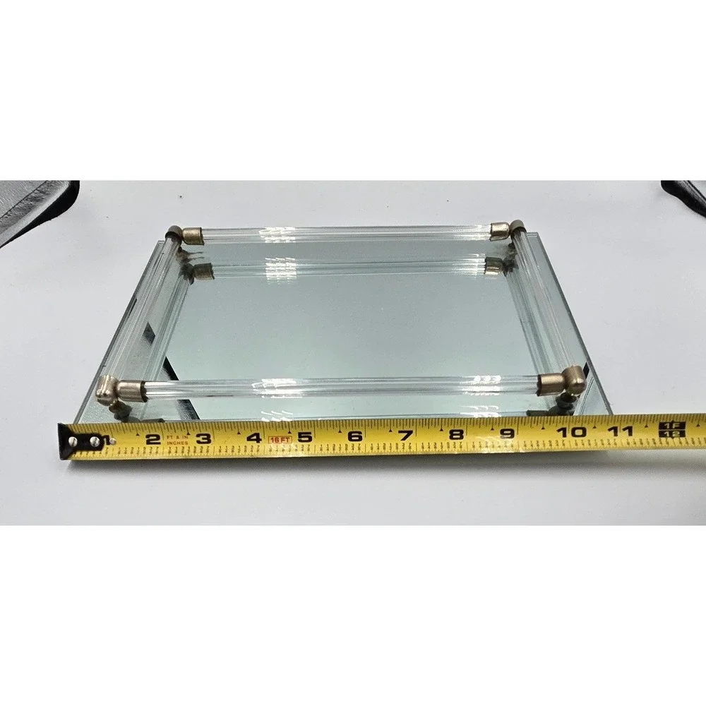 Vintage Hollywood Regency Mirrored Vanity Rectangular Lucite Rod Handles Brass